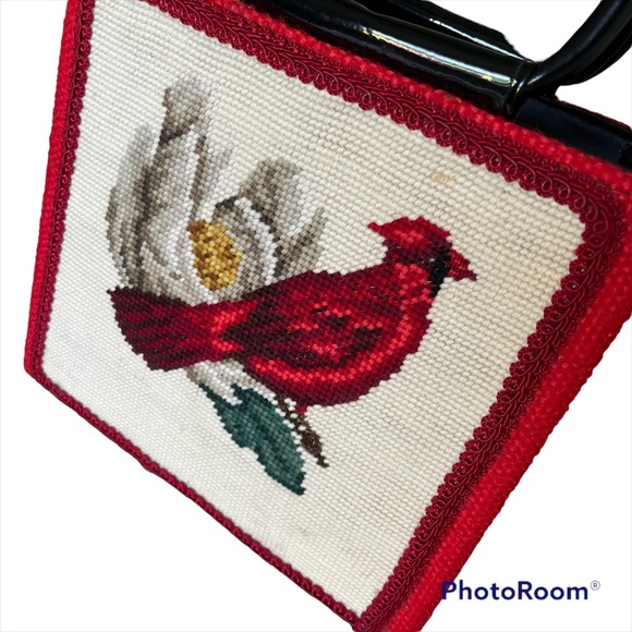 Vintage Cross Stitch Woven Red Bird Cardinal Purse Handbag - Picture 2 of 8